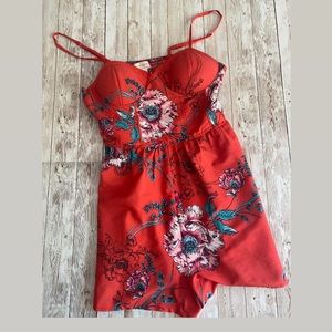 Red floral romper with pockets